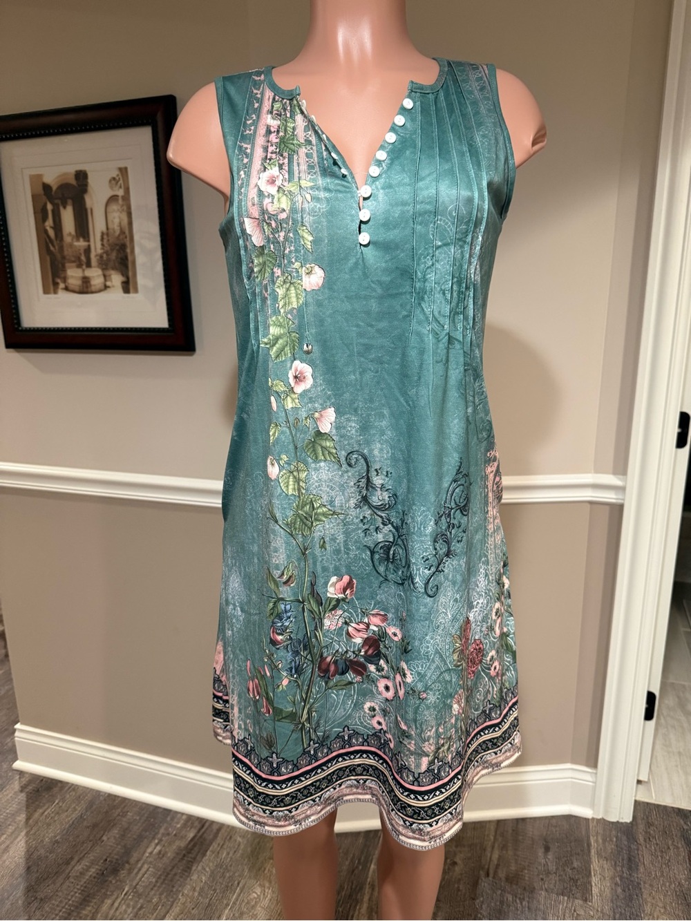 Sleeveless Teal Floral Midi Dress with Button V-Neck